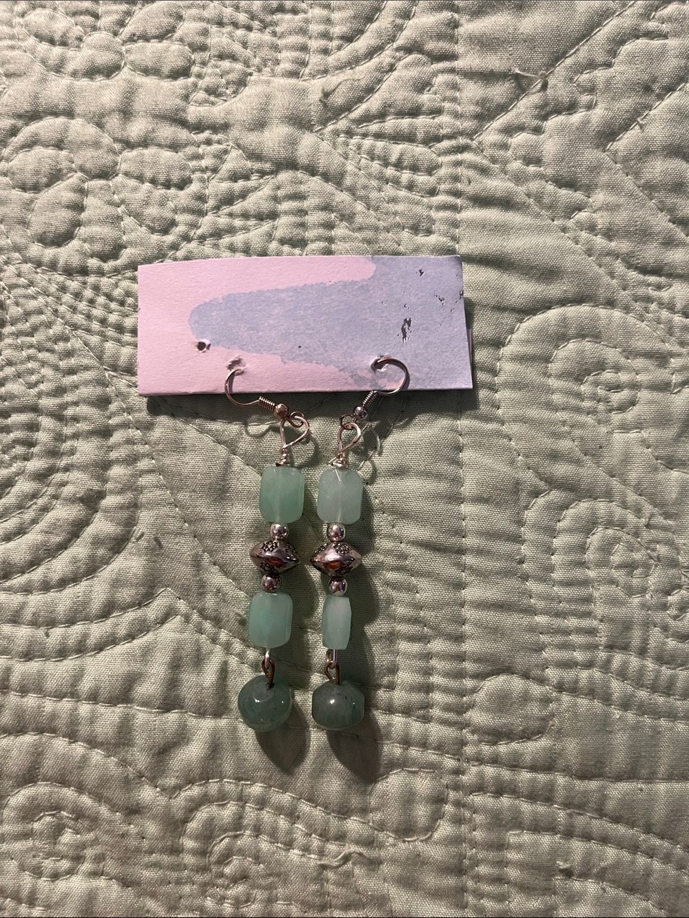 Handmade Mint Green Beaded Dangle Earrings - Brand: